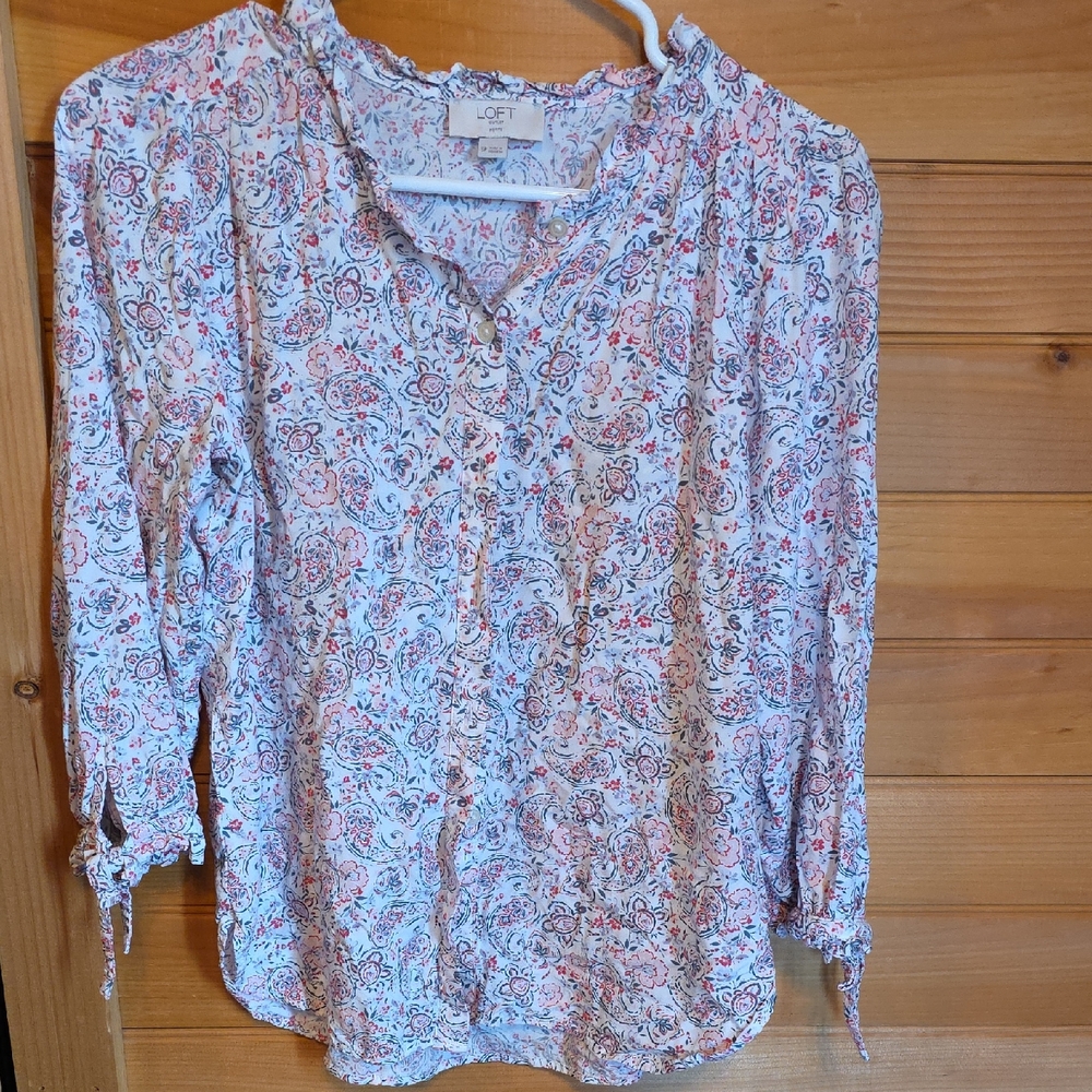 LOFT Women's Paisley Blouse - White and Pink